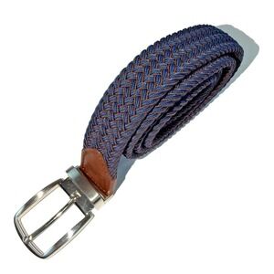 Tommy Bahama Woven Belt Large/XL 38-42 Navy Blue/Brown Braiding Leather Trim